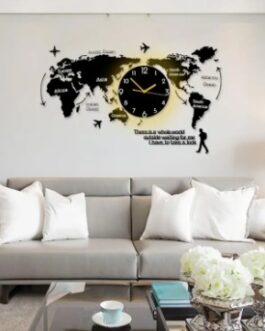 Large 3D Wooden World map wall clock With LED Neon Light | 40x55"