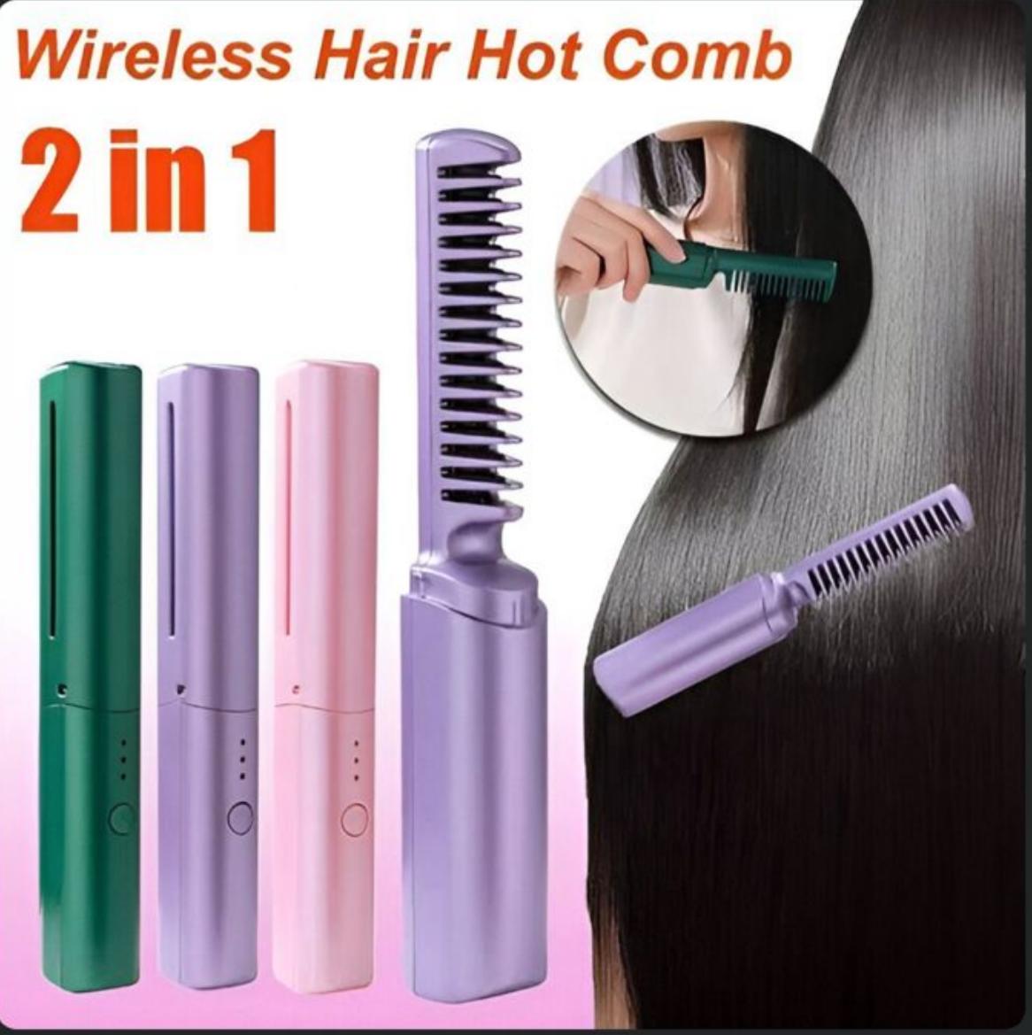 2 in 1 Wireless hair hot comb / Travel Comb Hair Straightener, Cordless/Wireless, Rechargeable (random color)